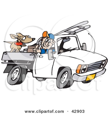 Clipart Illustration of a Man Driving His Truck With A Dog And Ladder In The Back by Dennis Holmes Designs