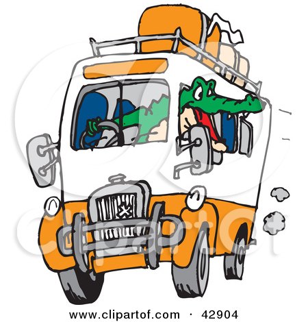 Clipart Illustration of a Grumpy Crocodile Driving A Bus With Luggage On Top by Dennis Holmes Designs