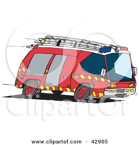 Clipart Illustration of a Red Fire Engine Speeding To An Emergency Scene by Dennis Holmes Designs