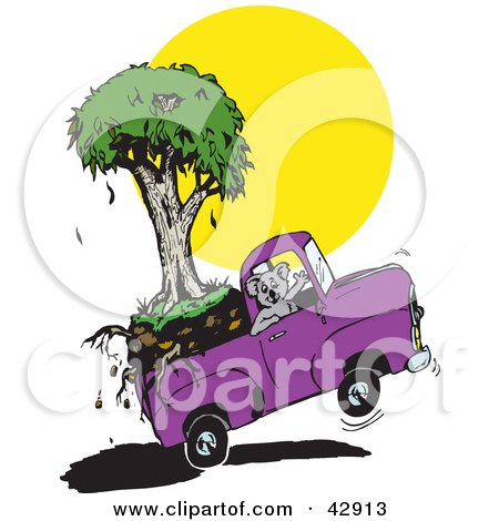 Clipart Illustration of a Moving Koala Waving And Transporting His Eucalyptus Tree In A Purple Truck by Dennis Holmes Designs