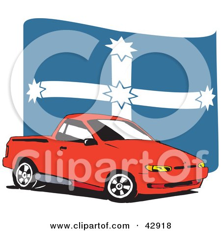 Clipart Illustration of a Red Ute Vehicle In Front Of A Eureka Flag by Dennis Holmes Designs