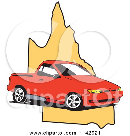 Clipart Illustration of a Red Ute Vehicle On A Map Of Queensland, Australia by Dennis Holmes Designs