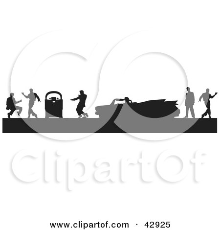 Clipart Illustration of a Black Silhouetted Scene Of Men Dancing Around A Jukebox And Convertible Cadillac by Dennis Holmes Designs