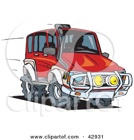 Clipart Illustration of a Red Four Wheeling SUV by Dennis Holmes Designs