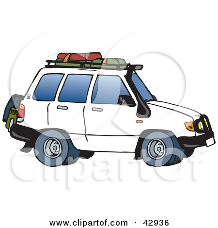 Clipart Illustration of a White SUV With Luggage on the Rack by Dennis Holmes Designs