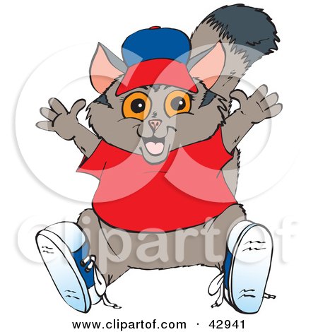 Clipart Illustration of a Happy Possum In A Hat, Shoes And Red Shirt by Dennis Holmes Designs