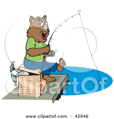 Clipart Illustration of a Happy Fishing Wombat by Dennis Holmes Designs