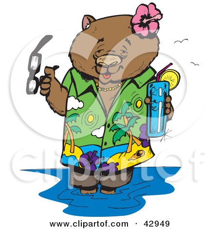 Clipart Illustration of a Vacationing Wombat Wading In Water With A Beverage by Dennis Holmes Designs
