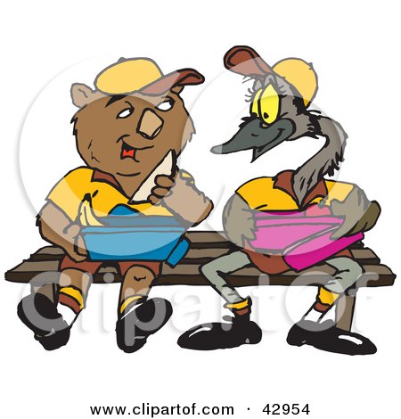 Clipart Illustration of a Wombat And Emu Sitting On A Bench And Eating Lunch by Dennis Holmes Designs