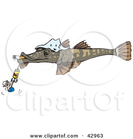 Clipart Illustration of a Man Holding Onto A Hook On A Giant Flathead Fish Smoking A Cigarette by Dennis Holmes Designs