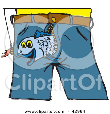 Clipart Illustration of a Fish Emerging From A Man's Pants To Bite A Lure by Dennis Holmes Designs