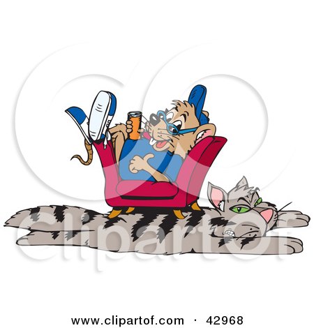 Clipart Illustration of a Mouse Relaxing On A Chair On Top Of A Cat Rug by Dennis Holmes Designs