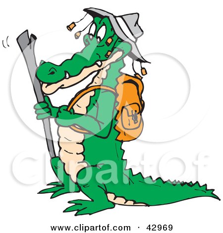 Clipart Illustration of a Hiking Crocodile Wearing An Aussie Hat by Dennis Holmes Designs