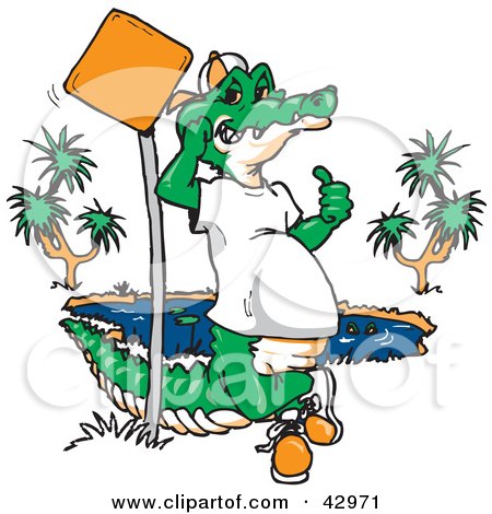 Clipart Illustration of a Cool Crocodile Leaning Against A Pole By A Pond by Dennis Holmes Designs
