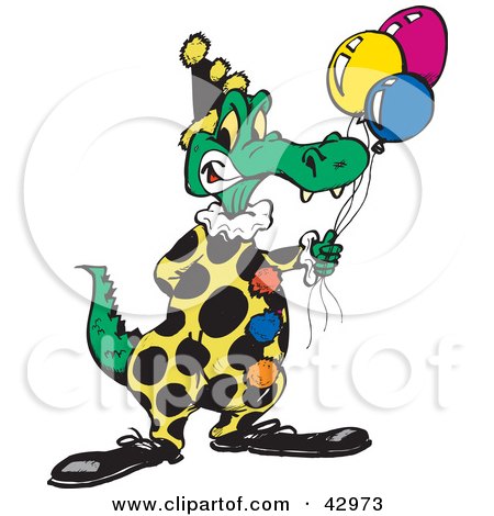 Clipart Illustration of a Birthday Party Crocodile Clown Holding Balloons by Dennis Holmes Designs