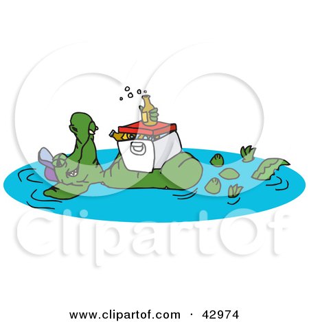 Clipart Illustration of a Crocodile Floating In A Pond With A Cooler And Drinks On His Belly by Dennis Holmes Designs