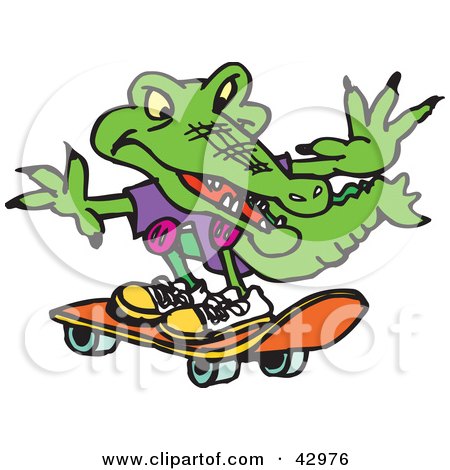 Clipart Illustration of a Green Croc Skateboarding by Dennis Holmes Designs