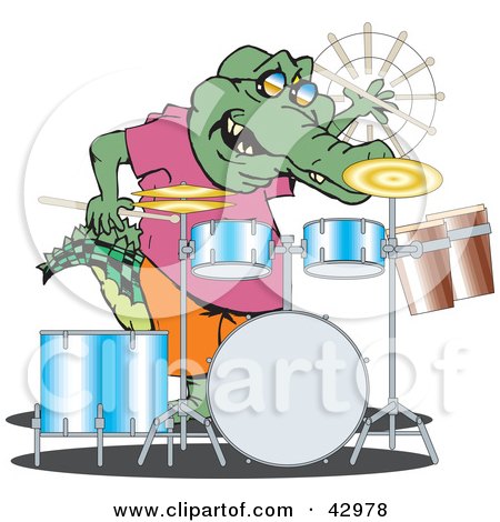 Clipart Illustration of a Crocodile Drummer Performing by Dennis Holmes Designs