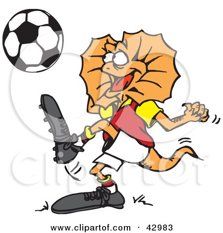 Clipart Illustration of a Frill Lizard Kicking A Soccer Ball by Dennis Holmes Designs