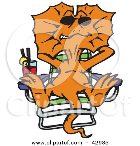 Clipart Illustration of a Relaxed Orange Frill Lizard Sun Bathing On A Lounge Chair by Dennis Holmes Designs
