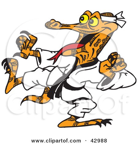 Clipart Illustration of a Karate Goanna Lizard Kicking by Dennis Holmes Designs