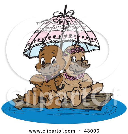 Clipart Illustration of a Sweet Platypus Couple Cuddling Under An Umbrella by Dennis Holmes Designs