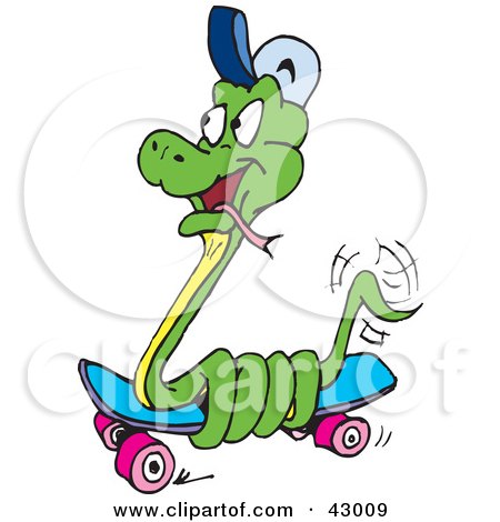 Clipart Illustration of a Green Snake Coiled Around A Skateboard by Dennis Holmes Designs