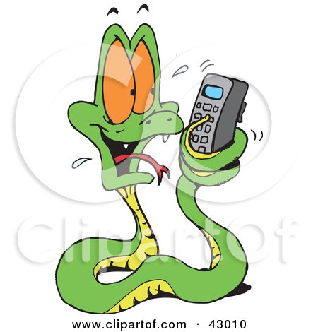 Clipart Illustration of a Snake Dialing a Cell Phone by Dennis Holmes Designs