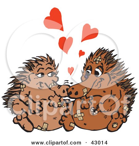 Clipart Illustration of a Pair Of Accident Prone Enchidnas In Love, Covered In Bandages by Dennis Holmes Designs
