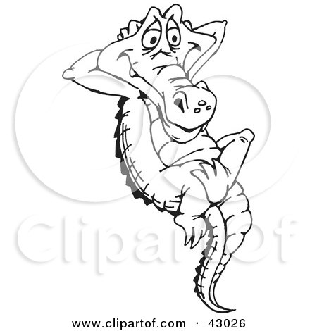 Clipart Illustration of a Black And White Crocodile Relaxing by Dennis Holmes Designs