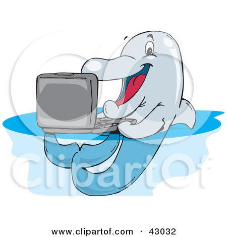 Clipart Illustration of a Techno Dolphin Emailing On A Laptop Computer by Dennis Holmes Designs