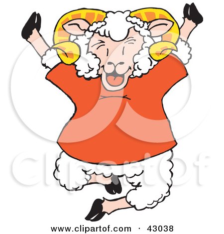 Clipart Illustration of a Happy Jumping Sheep In A Red Shirt by Dennis Holmes Designs