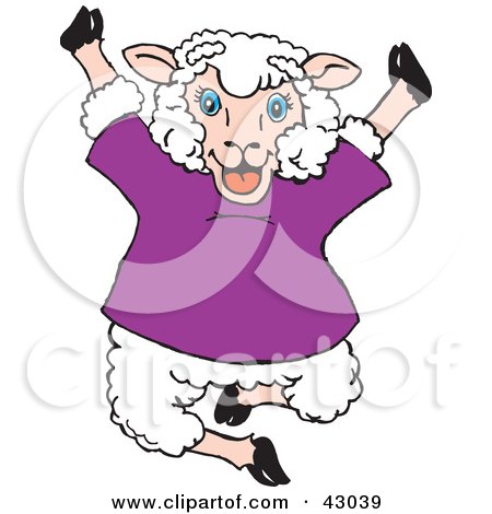 Clipart Illustration of a Happy Jumping Sheep In A Purple Shirt by Dennis Holmes Designs