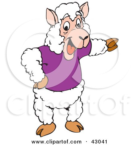 Clipart Illustration of a Sheep In A Shirt, Pointing Right by Dennis Holmes Designs