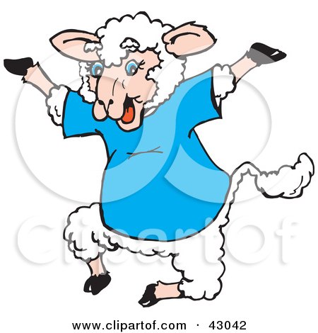 Clipart Illustration of a Happy Jumping Sheep In A Blue Shirt by Dennis Holmes Designs