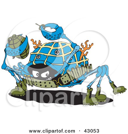 Clipart Illustration of a Military Crab Throwing A Grenade by Dennis Holmes Designs