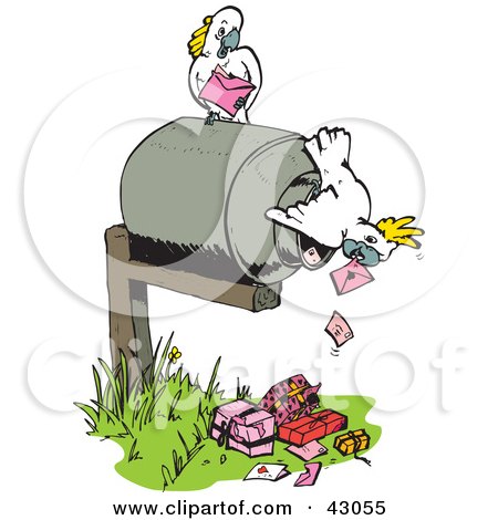 Clipart Illustration of Cockatoos Delivering Mail And Gifts by Dennis Holmes Designs