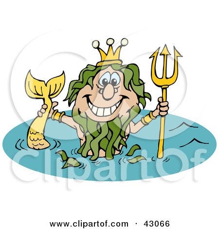 Clipart Illustration of a Mermaid King Neptune Holding Up His Trident In Water by Dennis Holmes Designs