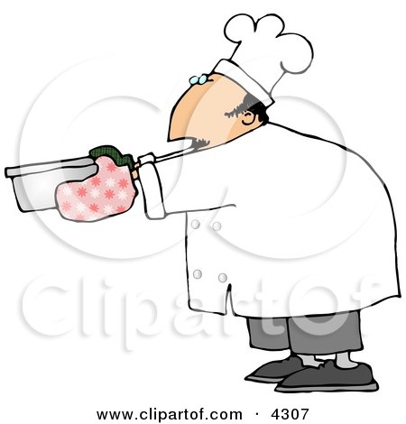 Male Chef Wearing Oven Mitts and Holding a Hot Pot Clipart by djart