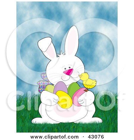 Clipart Illustration of a Friendly Easter Bunny Talking With A Chick And Gathering Eggs In Grass by Maria Bell