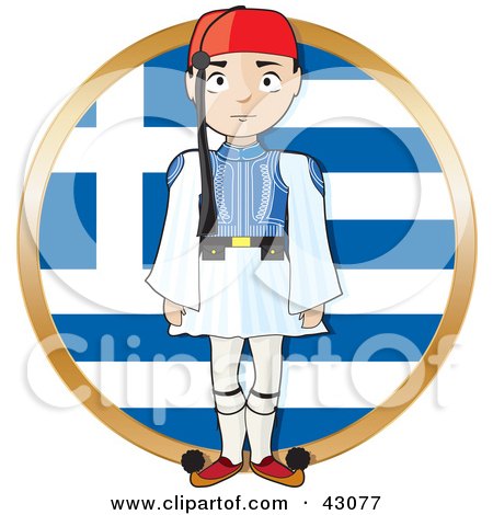 Clipart Illustration of a Proud Greek Evzone Standing Tall In Front Of A Greek Flag by Maria Bell