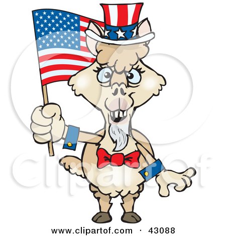 Clipart Illustration of a Patriotic Uncle Sam Alpaca Waving An American Flag On Independence Day by Dennis Holmes Designs