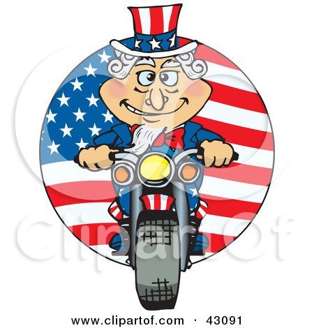 Clipart Illustration of Uncle Sam Riding A Motorcycle In Front Of An American Flag by Dennis Holmes Designs