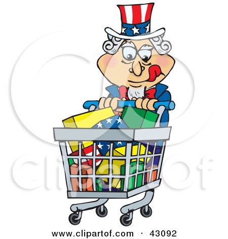 Clipart Illustration of Uncle Sam Pushing A Shopping Cart Full Of Gifts by Dennis Holmes Designs
