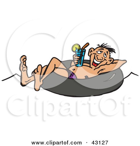 Clipart Illustration of a Man Drinking A Cocktail And Floating In An Inner Tube by Dennis Holmes Designs