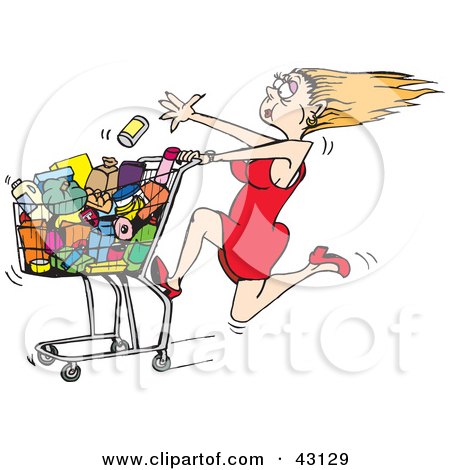 Clipart Illustration of a Rushed Blond Woman Tossing Items Into Her Grocery Cart by Dennis Holmes Designs