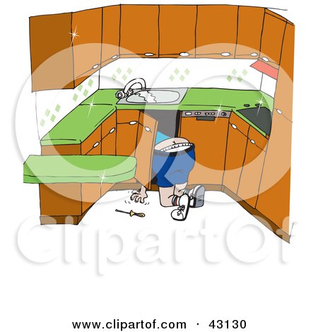 Clipart Illustration of a Plumber Kneeling To Work On Pipes Under A Sink by Dennis Holmes Designs