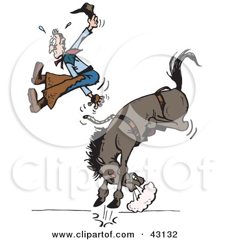 Clipart Illustration of a Cowboy Suspended In Mid Air While Being Bucked Off Of His Rodeo Horse by Dennis Holmes Designs