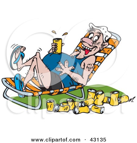 Clipart Illustration of a Drunk Man Resting Drink On His Beer Belly While Resting In A Lounge Chair by Dennis Holmes Designs