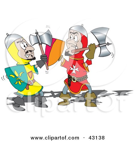 Clipart Illustration of a Battle Between Two Knights With Axes by Dennis Holmes Designs